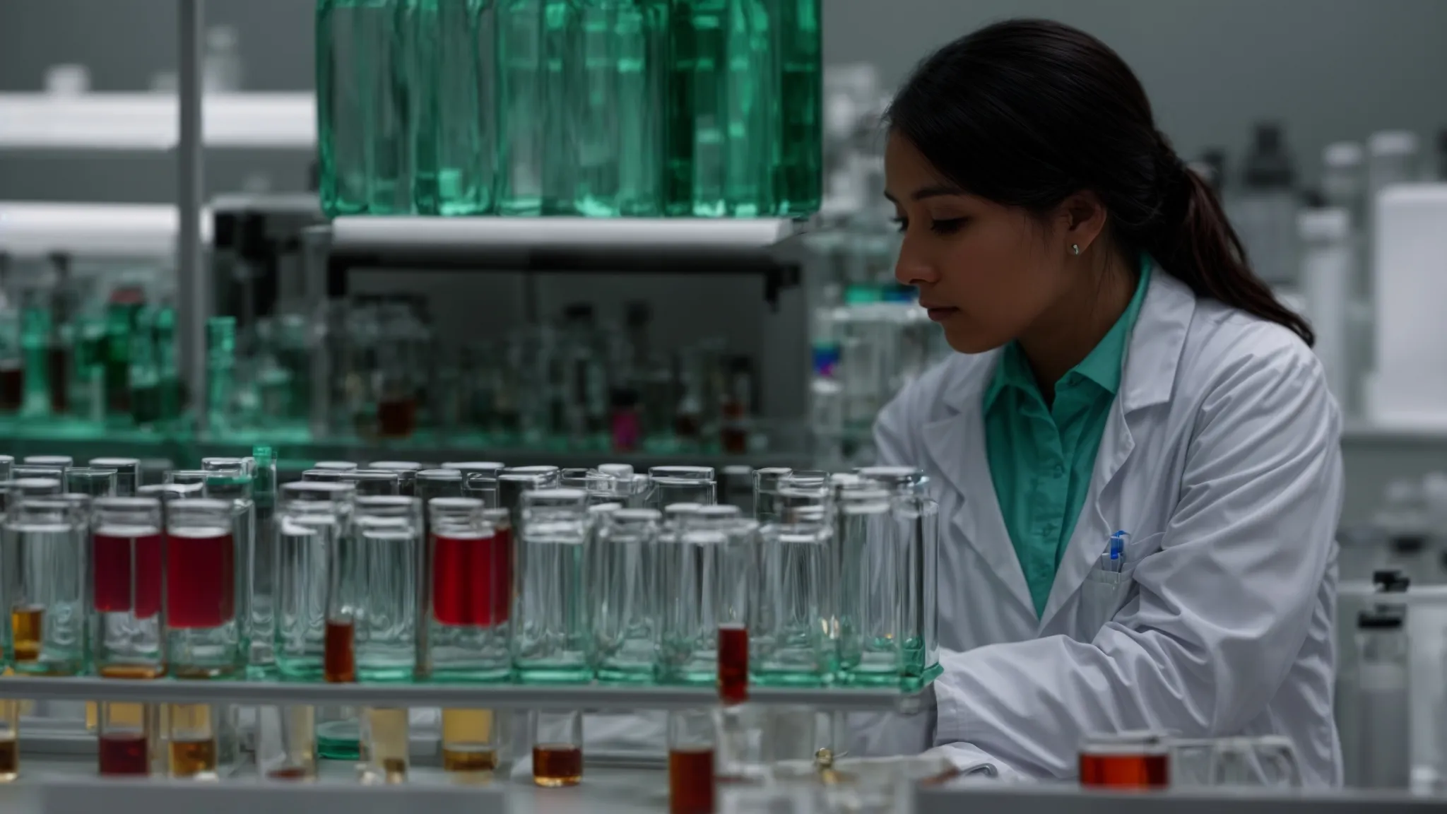 a scientist examines vials of peptides in a laboratory setting.