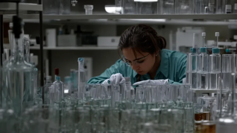 a researcher analyzes vials filled with clear liquid inside a cluttered laboratory.