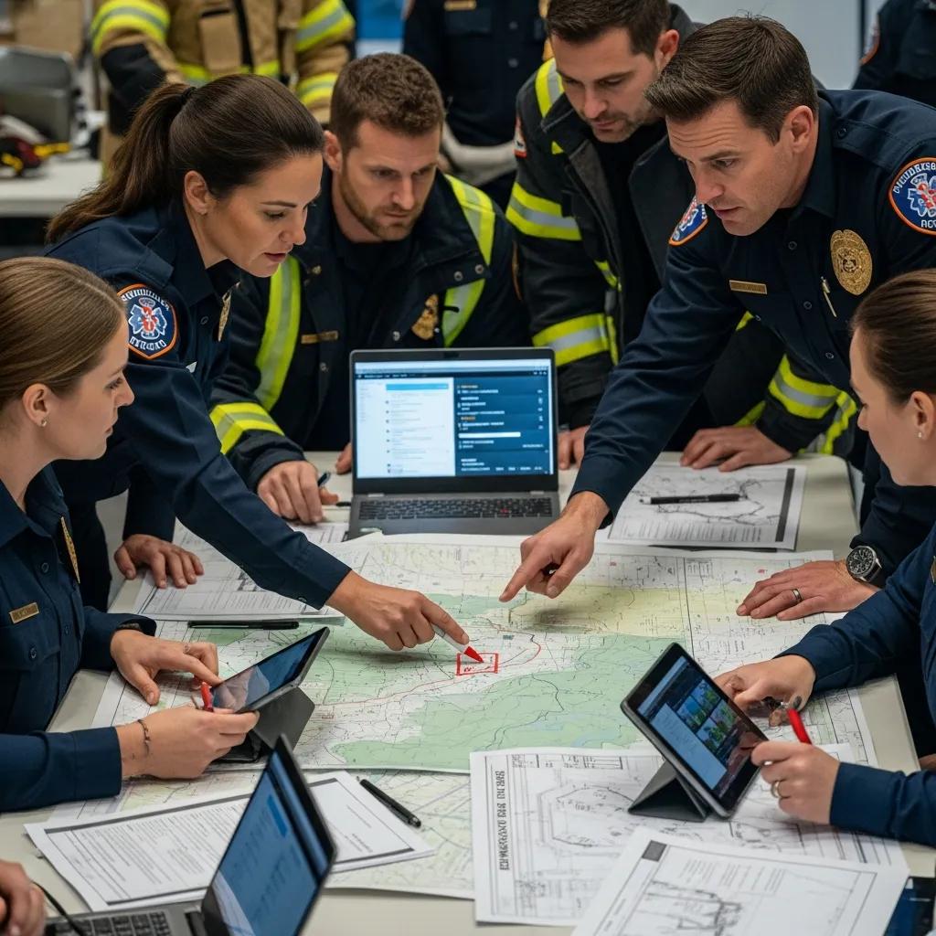 Emergency responders collaborating on planning strategies, emphasizing the importance of effective emergency response frameworks