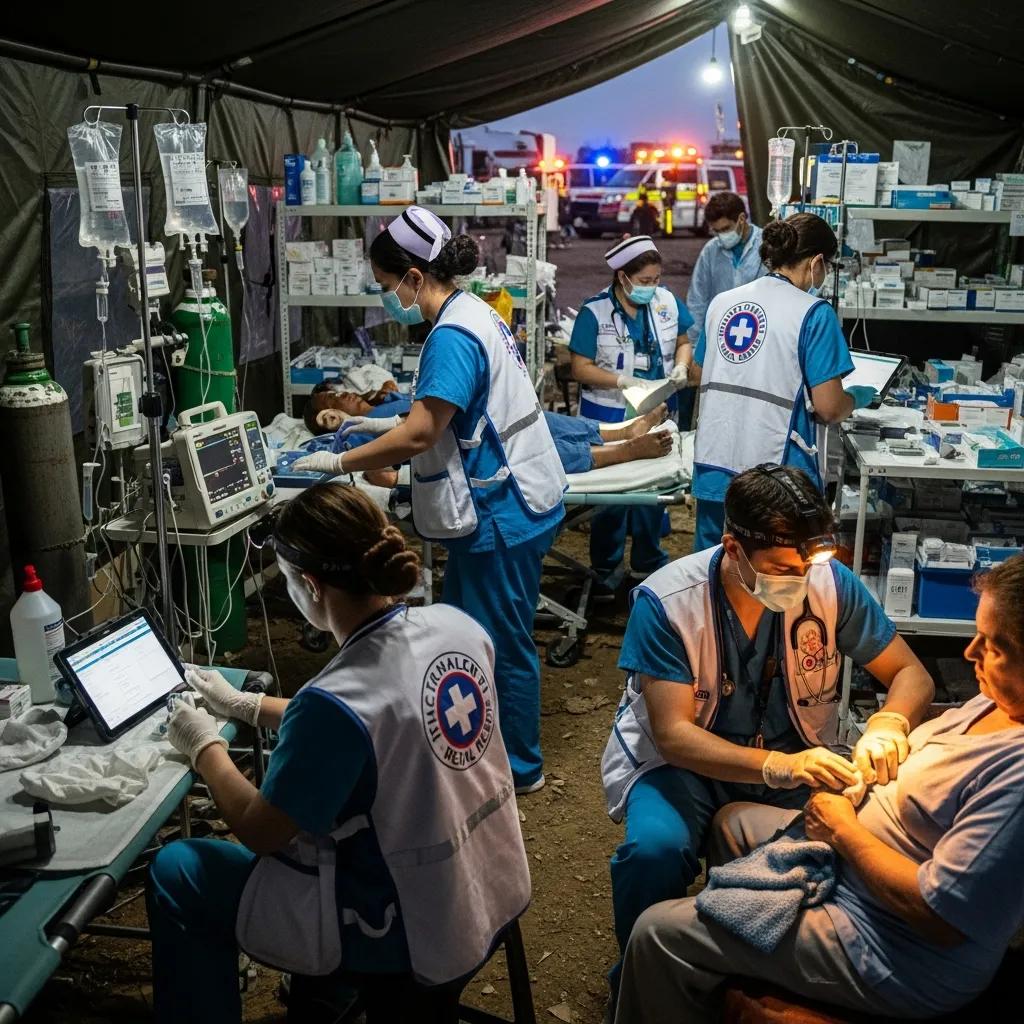 Healthcare professionals collaborating in a disaster response scenario, showcasing nursing roles and emergency preparedness