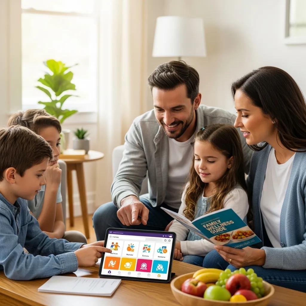 Family using wellness tools and educational resources on a laptop at home