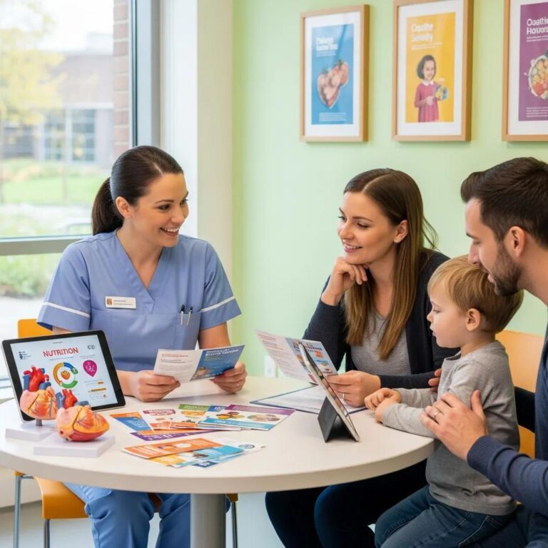Nurse providing health and wellness resources to a family in a supportive healthcare environment
