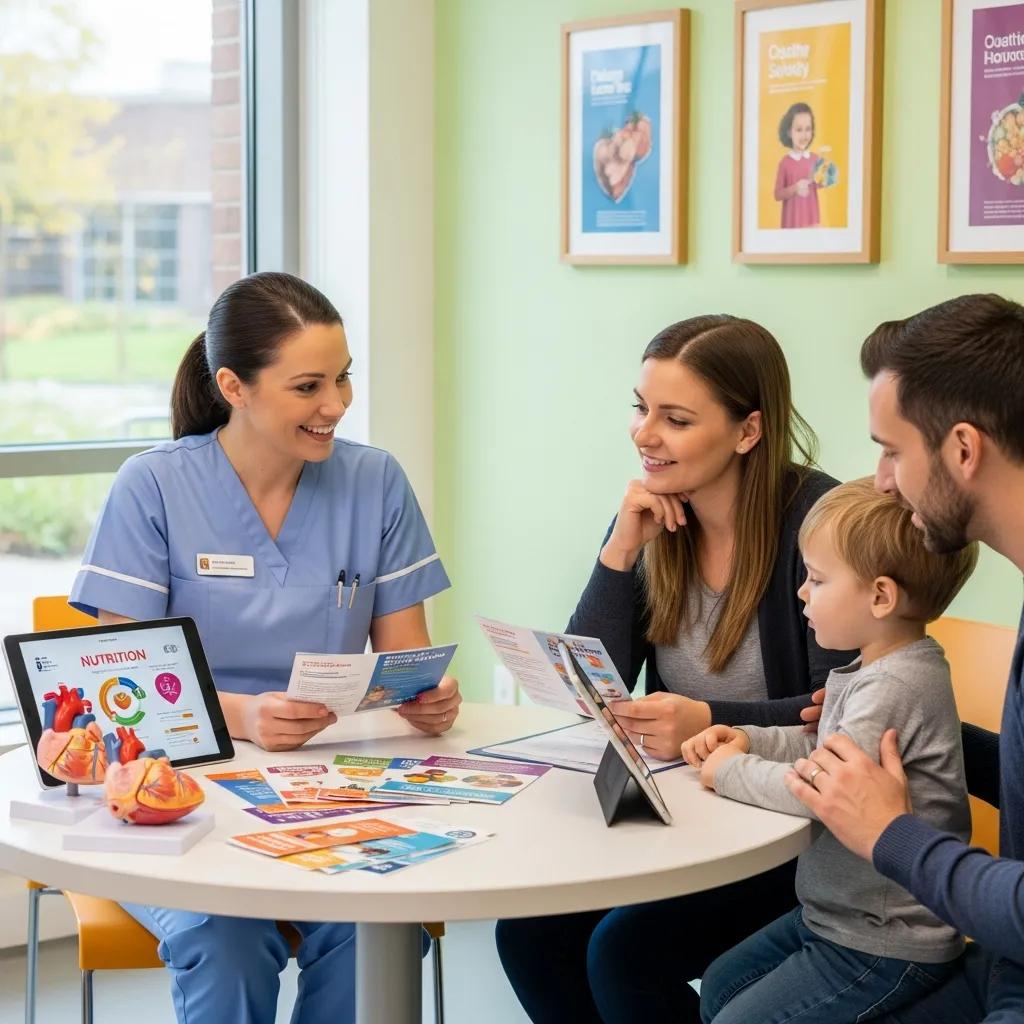 Nurse providing health and wellness resources to a family in a supportive healthcare environment