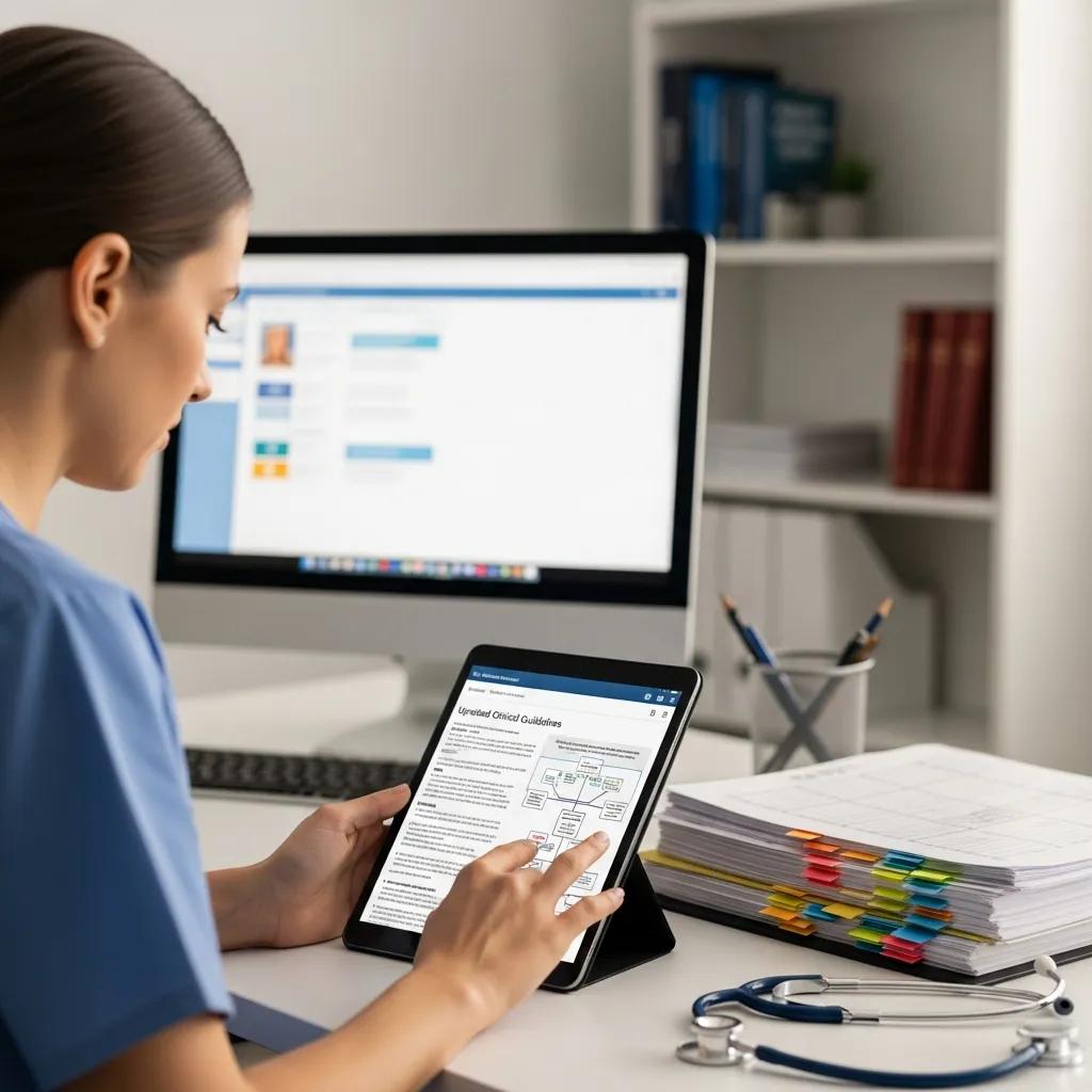 Nurse reviewing updated clinical guidelines on a tablet in a clinical setting